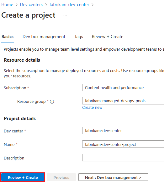 Screenshot di Crea un progetto Dev Center.
