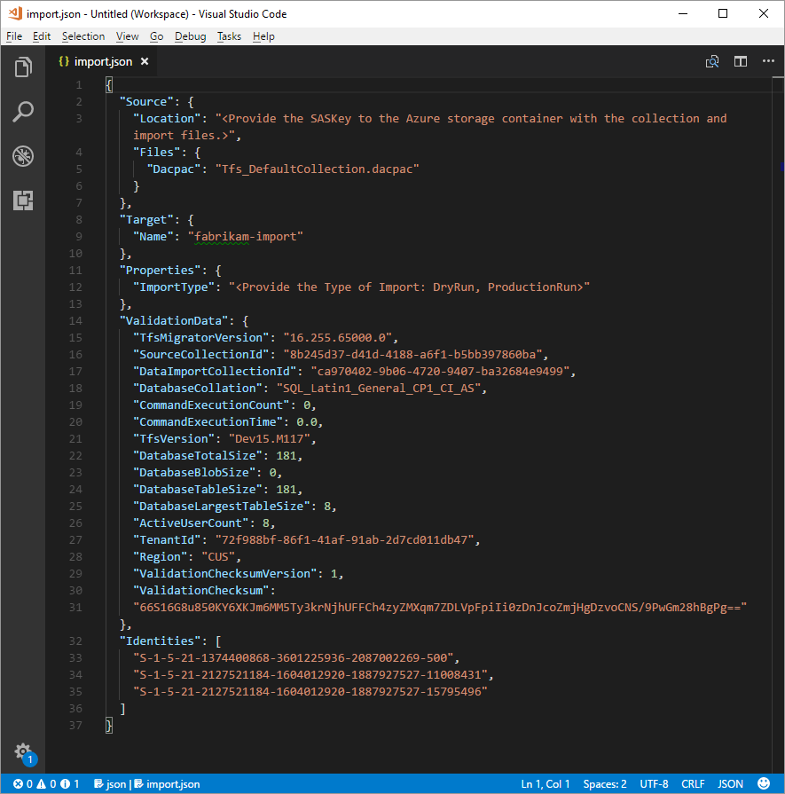 Screenshot di un file di specifica di importazione parzialmente completato.