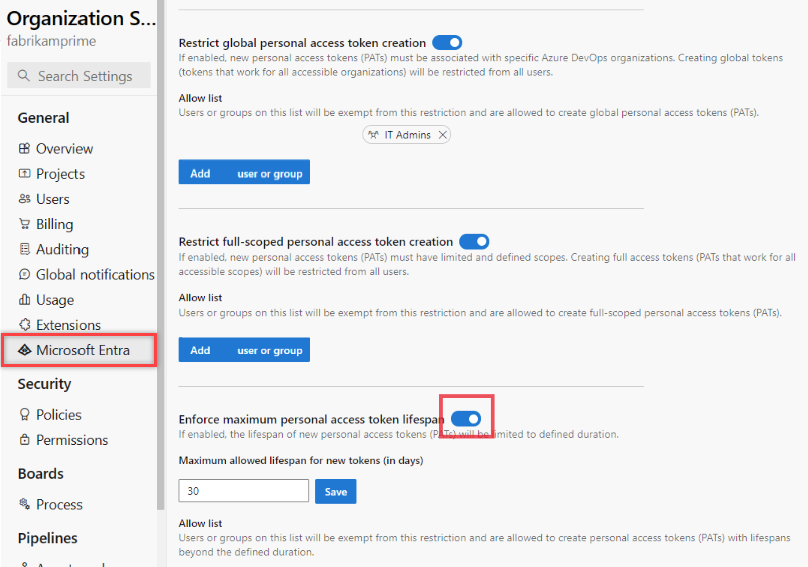 Screenshot dell'interruttore spostato nella posizione per Applica criterio di durata massima pat.