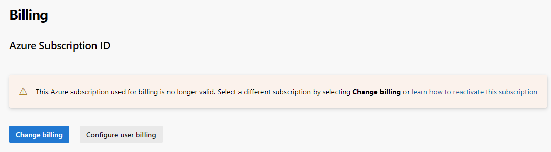 Screenshot della sottoscrizione di fatturazione di Azure non valida.