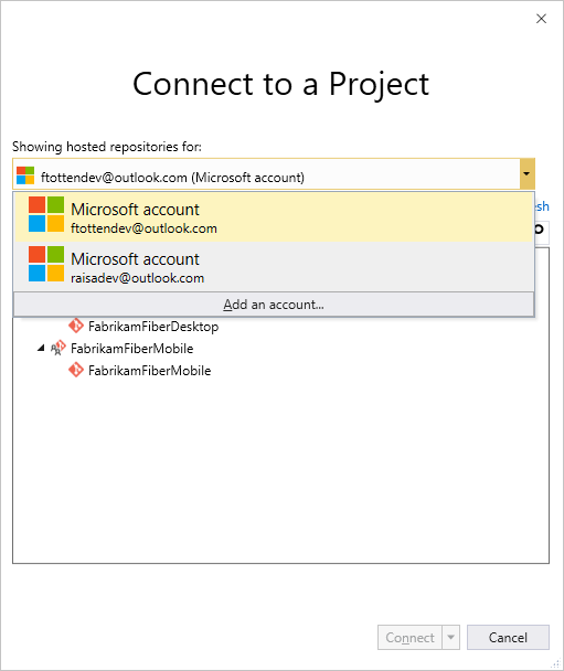 Screenshot di Connect with VS using different credentials to sign in (Connettersi con Visual Studio usando credenziali diverse per l'accesso).