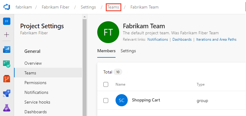 Screenshot della barra di navigazione Team>team e teams delle impostazioni>del progetto.