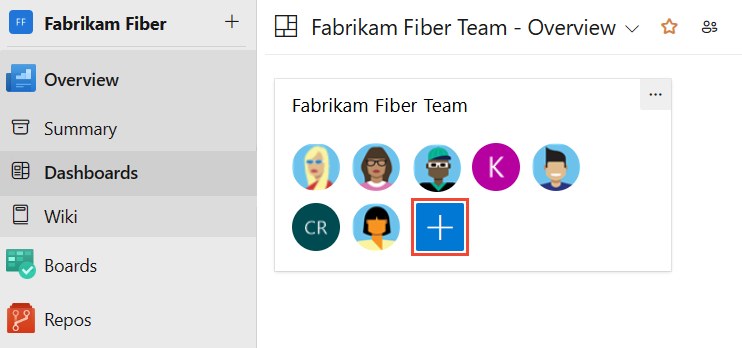 Screenshot del widget dei Membri del team su un dashboard con l'azione Gestisci membri del team (il simbolo più) evidenziato.