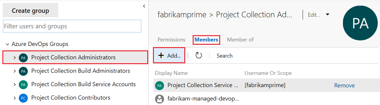 Screenshot di Impostazioni progetto, Sicurezza, Aggiungi selezioni membro.