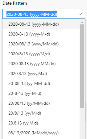 Screenshot che mostra le opzioni dell'elenco a discesa Modello di data nel riquadro Ora e impostazioni locali.