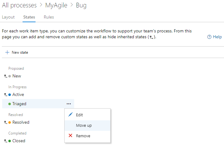 Screenshot della scheda Stati in cui è possibile spostare lo stato verso l'alto.