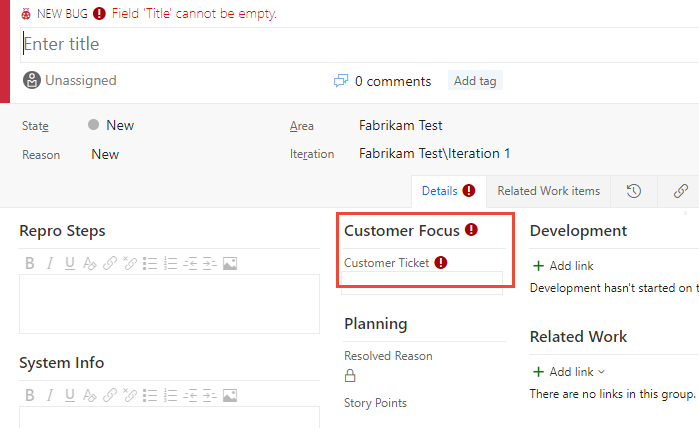 Modulo bug, campo Customer Ticket aggiunto al gruppo Customer Focus