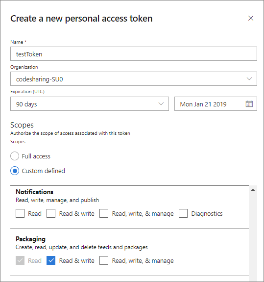 Screenshot che mostra come creare un nuovo token di accesso personale.