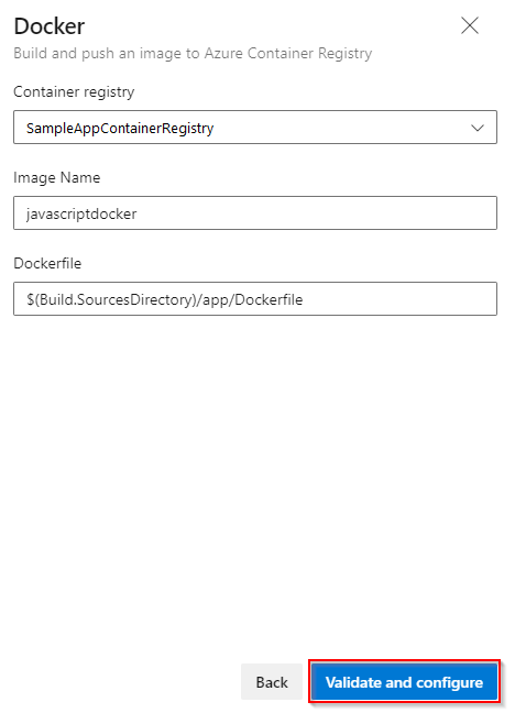 Screenshot che mostra come configurare una pipeline Docker per compilare e pubblicare un'immagine in Registro Azure Container