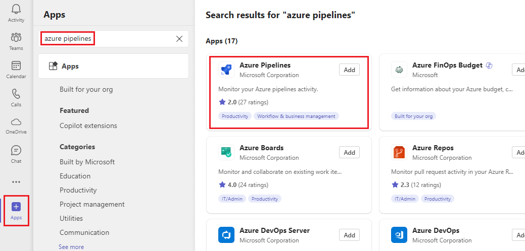 Screenshot della selezione del pulsante App, quindi del pulsante Azure Pipelines.