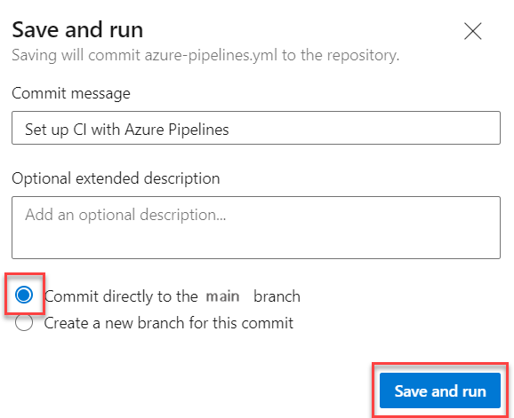 Eseguire il commit del messaggio per eseguire il commit nel ramo principale e quindi selezionare Salva ed eseguire il pulsante .