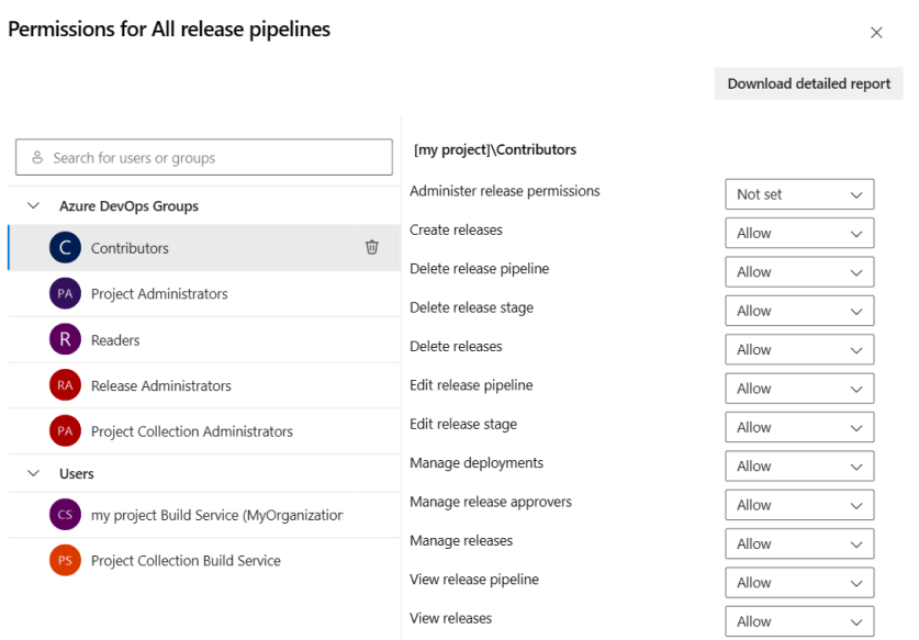 Screenshot di tutte le pipeline di versione che aggiungono la selezione di utenti o gruppi.
