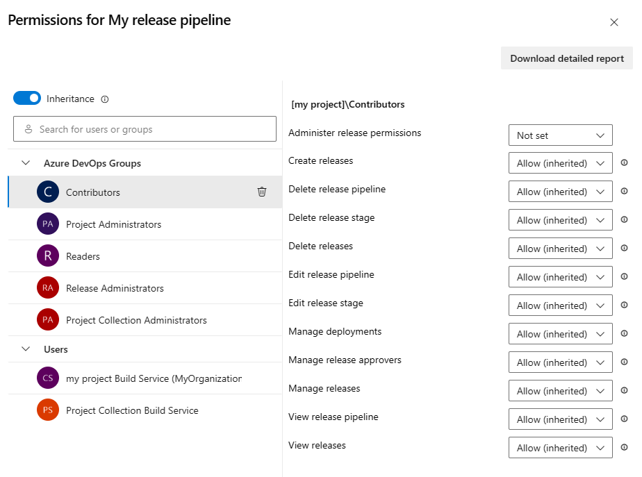 Screenshot della selezione dell'utente o del gruppo per la sicurezza della pipeline di versione.