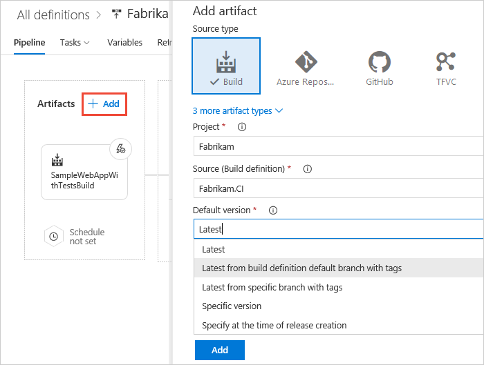 Screenshot che mostra come aggiungere un artefatto a una pipeline di versione classica.
