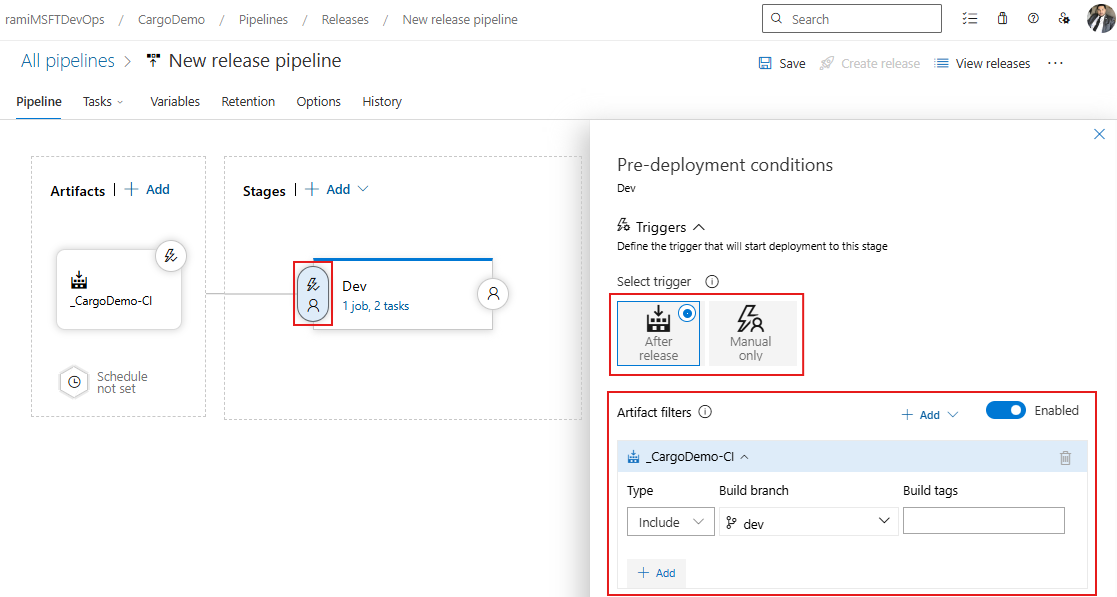 Screenshot che mostra come configurare le condizioni di pre-distribuzione in una pipeline di versione classica.