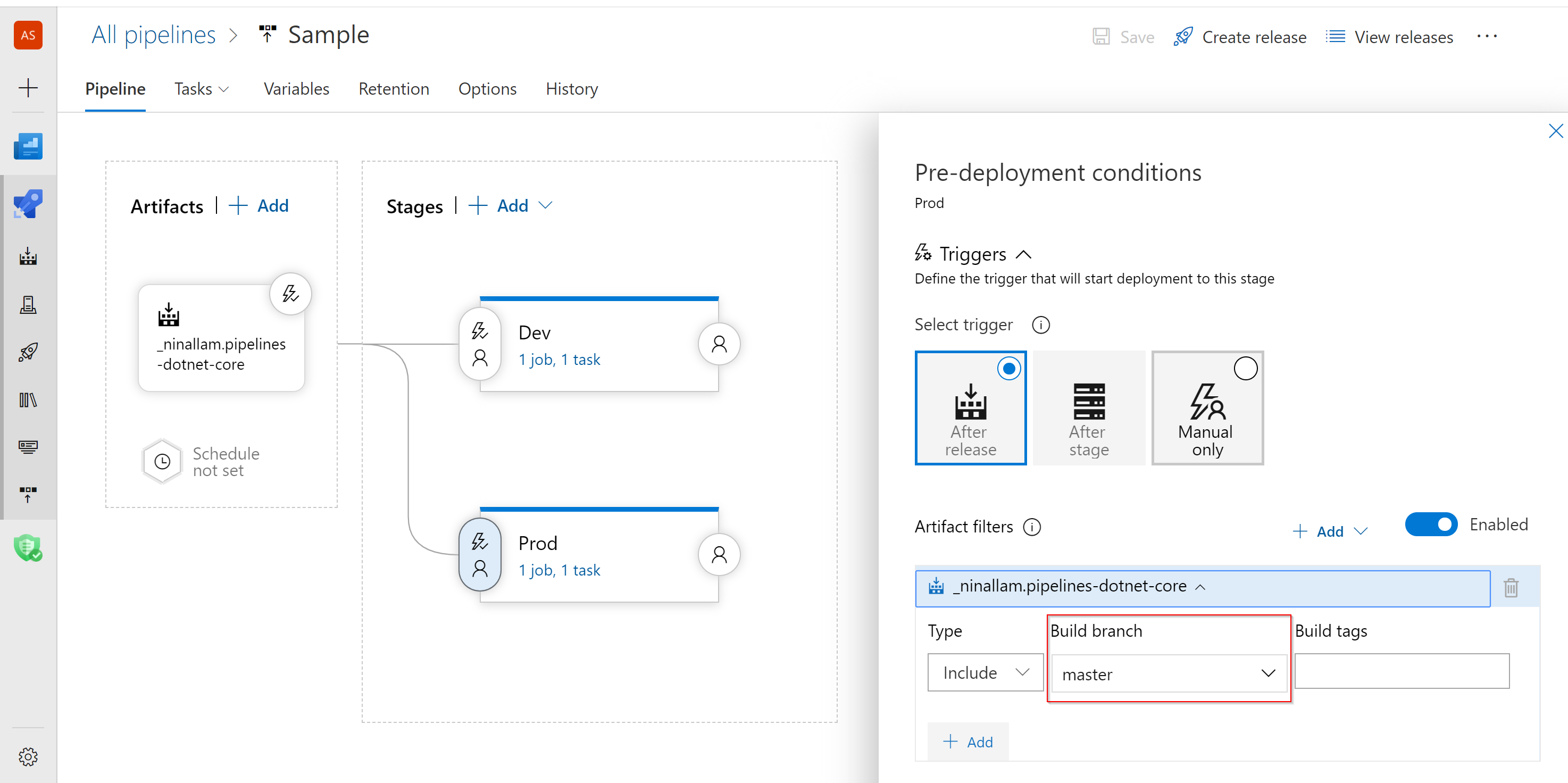 Configurare Prod con il ramo principale