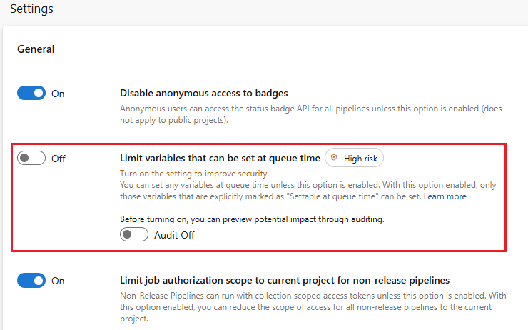 Screenshot dell'opzione che limita le variabili che possono essere impostate in fase di coda a livello di organizzazione.