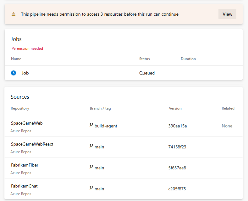 Screenshot dell'esecuzione della pipeline SpaceGameWeb la prima volta dopo aver attivato l'interruttore Proteggi l'accesso ai repository nelle pipeline YAML.