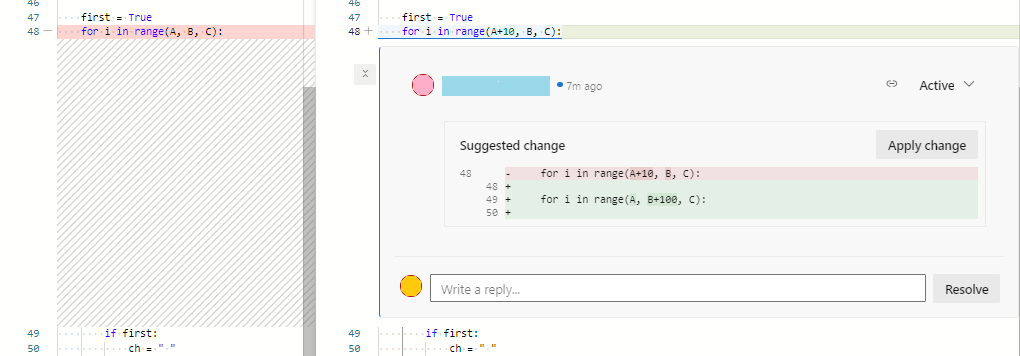 Screenshot che mostra l'esempio di modifica suggerita in una richiesta pull.