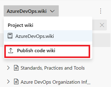 Screenshot che mostra l'opzione di menu Pubblica codice come wiki.