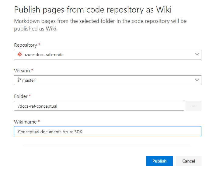 Screenshot che mostra il nome immesso per il repository wiki.