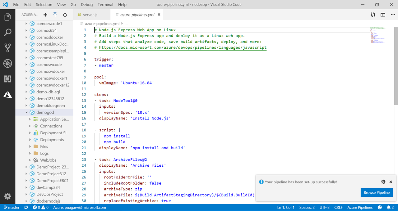 Creare Azure Pipelines da VSCode.