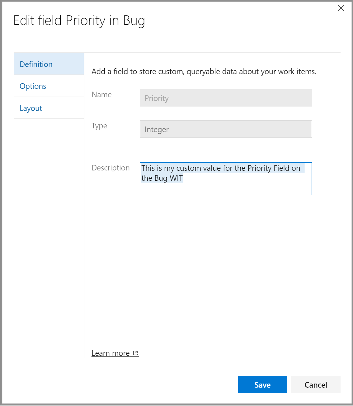 Screenshot che mostra il campo Modifica priorità nella pagina Bug.