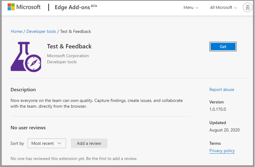 Screenshot che mostra il componente aggiuntivo Test e Feedback.