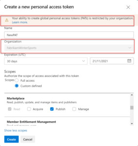 Creare token di accesso personali per la distribuzione in Marketplace