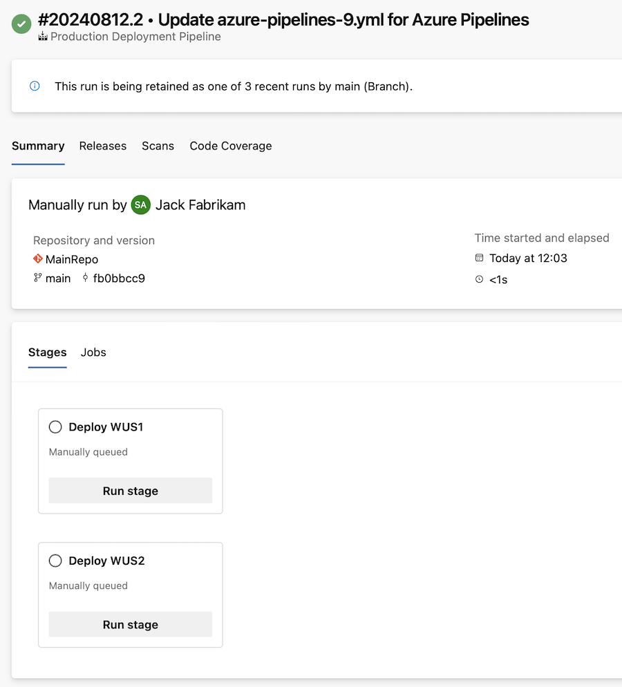 Screenshot delle fasi della pipeline YAML attivate manualmente.