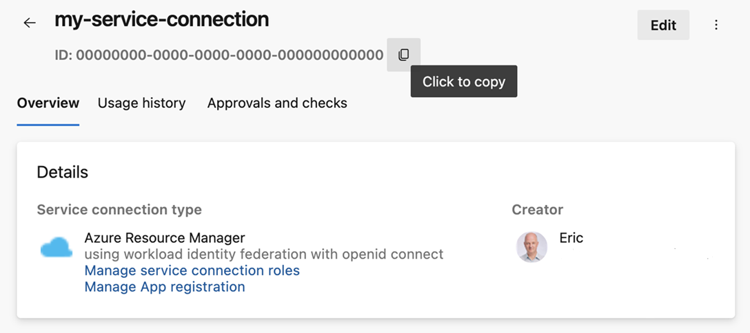 Screenshot della pagina dei dettagli della connessione al servizio.