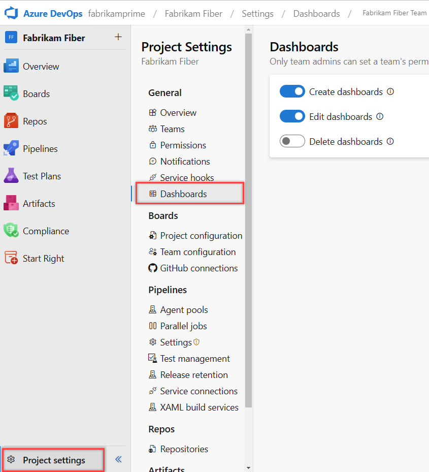 Screenshot del portale Web, Project Impostazioni, aprire Dashboard, Azure DevOps Server 2019.