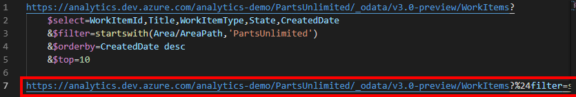 Screenshot che mostra l'estensione OData di Visual Studio Code combinata a una query a riga singola.