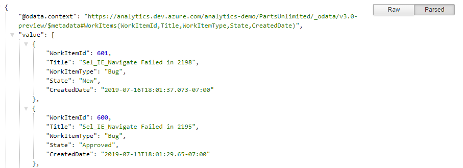 Screenshot che mostra l'output JSON per l'estensione OData di Visual Studio Code.