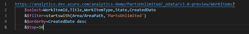 Screenshot che mostra l'estensione OData di Visual Studio Code con evidenziazione della sintassi.