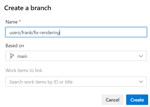 Screenshot che mostra la creazione di un ramo con la finestra di dialogo del nuovo ramo.