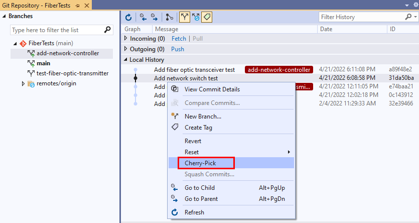 Screenshot dell'opzione Cherry-Pick nel menu di scelta rapida del commit nella finestra Repository Git in Visual Studio.