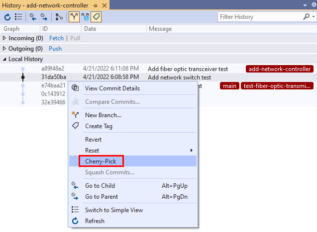Screenshot dell'opzione Cherry-Pick nel menu di scelta rapida del commit nella scheda Cronologia in Visual Studio 2019.