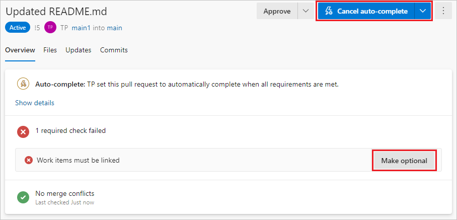 Screenshot di una richiesta pull nello stato di completamento automatico.