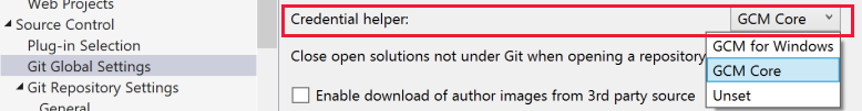 Screenshot dell'impostazione dell'helper delle credenziali nella finestra di dialogo Opzioni in Visual Studio.