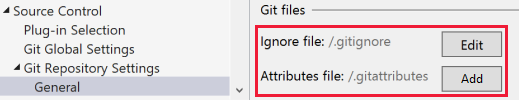 Screenshot che mostra il pulsante Modifica per i file ignore o attribute in Visual Studio.