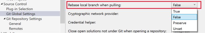Screenshot dell'impostazione di ribase in Git Global Impostazioni nella finestra di dialogo Opzioni di Visual Studio.