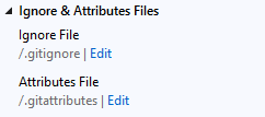 Screenshot che mostra i pulsanti Modifica per i file ignore o attribute in Team Explorer in Visual Studio 2019.