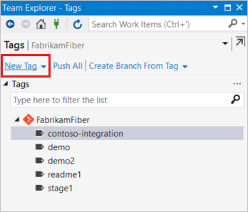 Screenshot del pulsante Crea tag in Visual Studio.