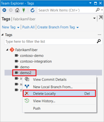 Screenshot del tag di eliminazione in Visual Studio 2017.