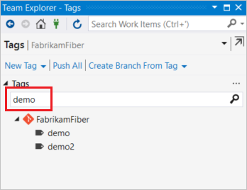 Screenshot dei tag di filtro di Visual Studio nella visualizzazione tag.