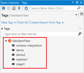 Screenshot della visualizzazione tag di Visual Studio.