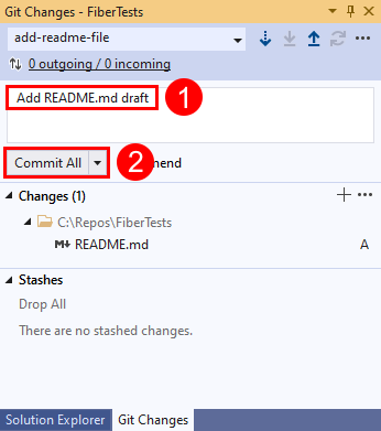 Screenshot del pulsante 'Commit All' nella finestra 'Git Changes' in Visual Studio.
