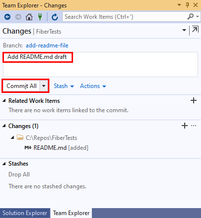 Screenshot del testo del messaggio di commit e del pulsante 'Commit All' in Visual Studio 2019.