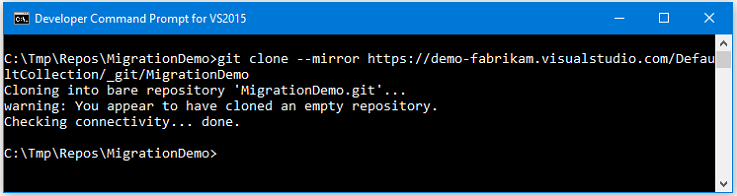 Screenshot che mostra che il comando Clone Git è stato eseguito.